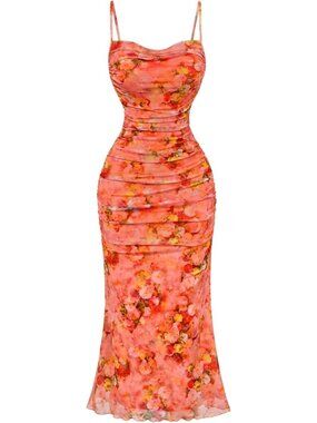 Women's Orange Floral Print Ruched Midi Dress Wedding Guest Tea Party Dress